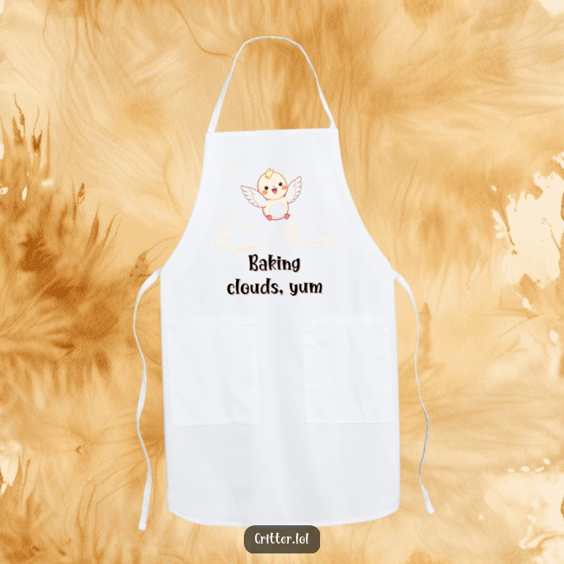 Funny apron showing a winged critter joyfully soaring through clouds, adding a humorous and charming touch to kitchen activities.