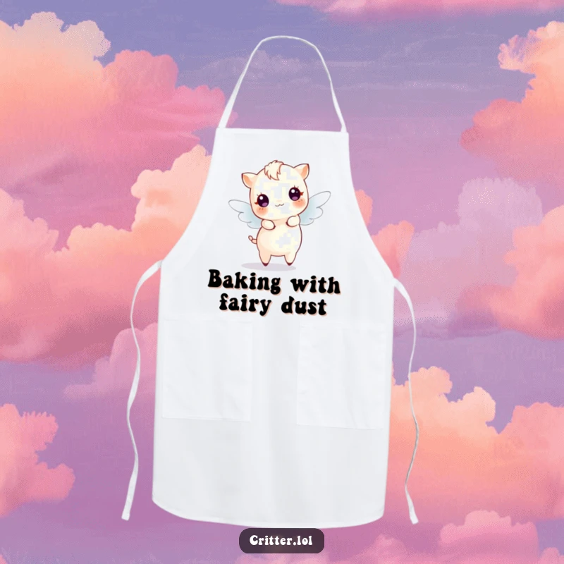 Funny Apron depicting a small, winged creature dancing joyfully, surrounded by magical sparkles, perfect for a whimsical cook.