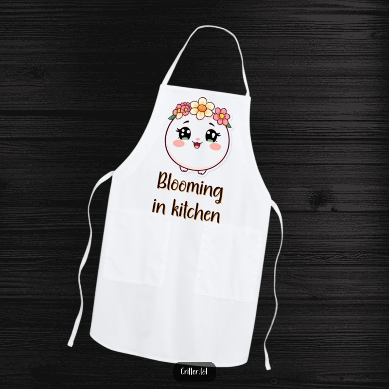 Funny apron featuring a round critter with curious eyes and a flower crown, doing a happy wiggle, bringing charm to the kitchen.