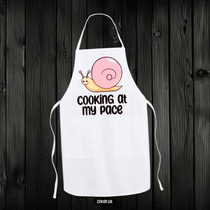 Funny snail apron featuring a happy character spinning with a sparkly trail, perfect for a magical cooking experience.