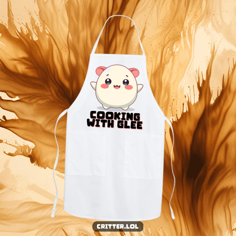 Funny apron showcasing a bouncing blob creature with a wide, cheerful smile, perfect for a happy cook.