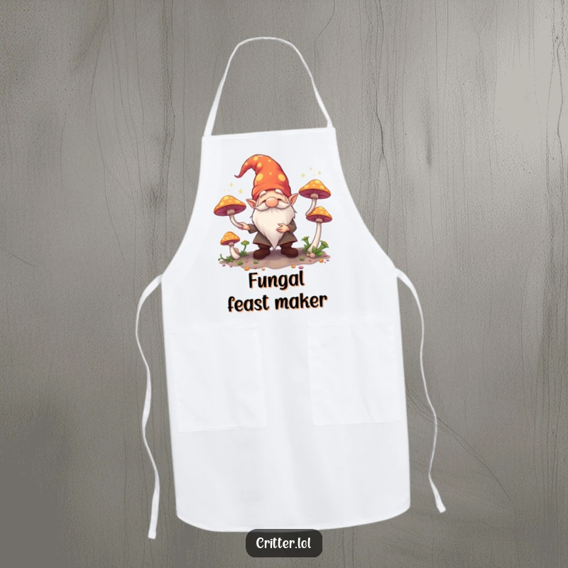 Funny apron depicting a gnome tossing glowing mushrooms, ideal for bakers and cooks who enjoy a touch of magic.