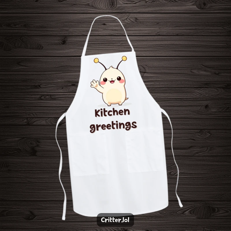 Funny alien apron showing a creature with antennae waving hello, perfect for a humorous cooking experience.