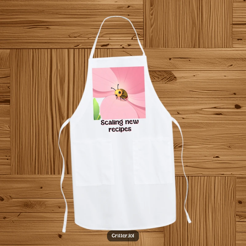 Funny apron depicting a brave beetle character climbing a giant flower petal while cooking, adding humor to kitchen tasks.