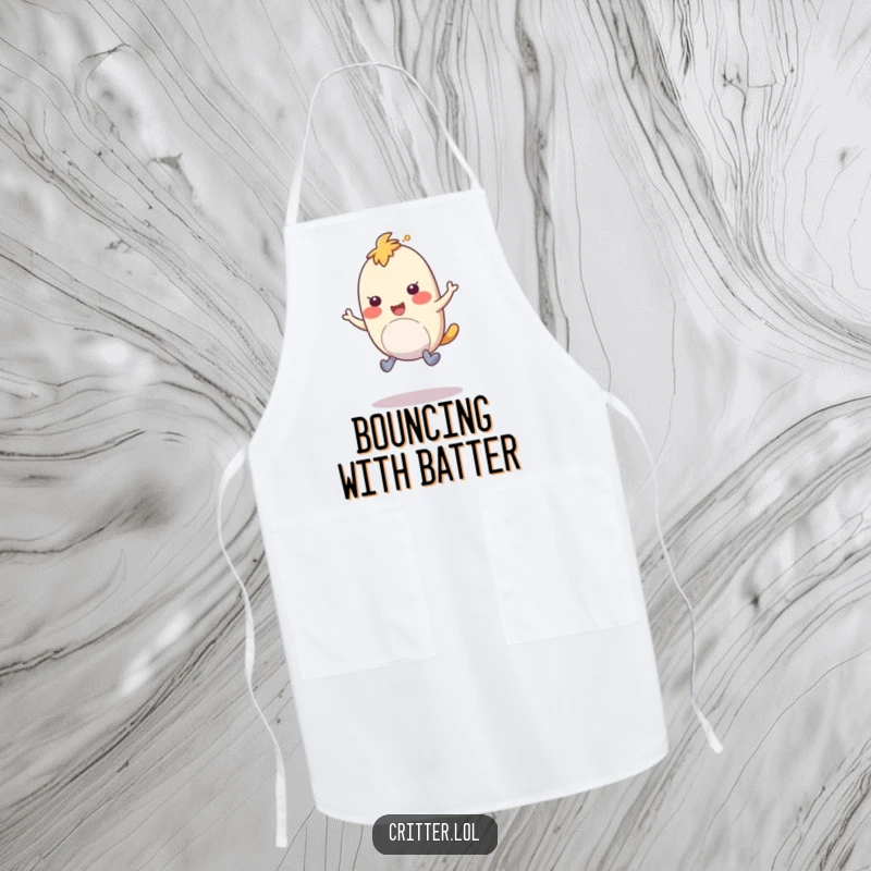 Funny apron with a bouncy creature and rubbery legs hopping with amusement, a fun kitchen funny gift.