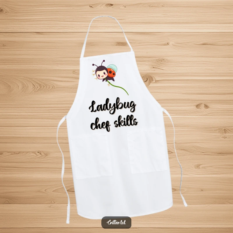 Funny ladybug apron with a tiny character riding a flying dandelion seed with glee, ideal for kitchen humor and nature lovers.