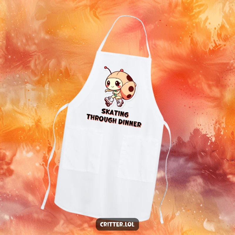 Funny apron showing a ladybug character wearing roller skates while cooking, adding a humorous and dynamic touch to kitchen duties.
