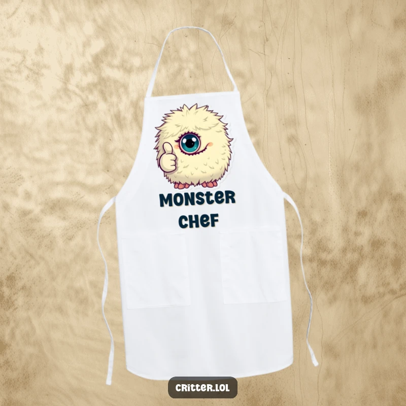 Funny apron featuring a tiny, fluffy, one-eyed monster giving a thumbs up, ideal for kitchen fun and approval.