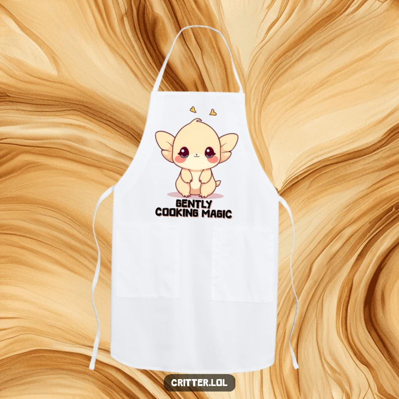 Funny cooking apron featuring a shy creature with small wings gently fluttering upwards, adding a touch of grace.