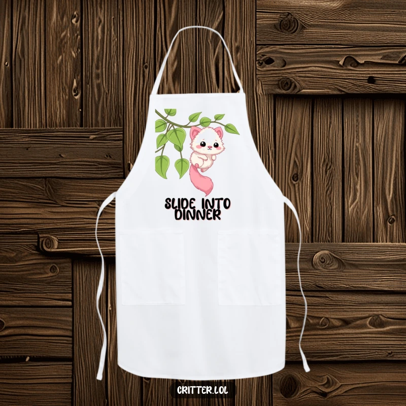 Funny apron illustration of a fuzzy critter with a long tail sliding down a leafy vine. Adds humor and adventure to cooking.