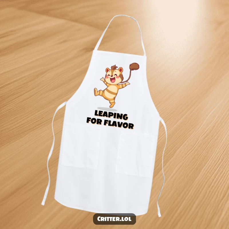 Funny cooking apron featuring a striped creature with a bushy tail leaping happily, perfect for culinary fun.