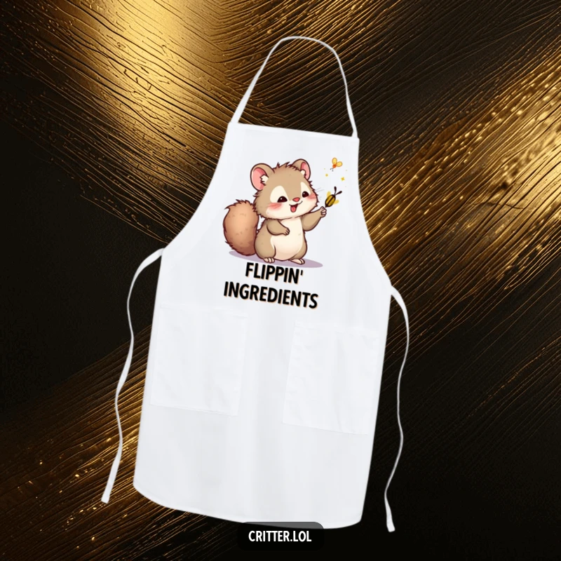 Funny apron featuring a furry critter with a bushy tail playfully swatting a firefly, perfect for keeping clothes clean.