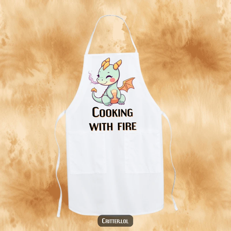 Funny apron showing a tiny dragon happily breathing a spectacular puff of colorful smoke, perfect for a fun cook.