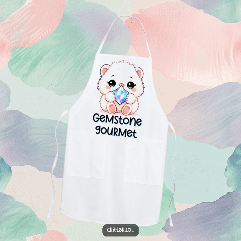 Funny kitchen apron featuring a fluffy creature hugging a dazzling gem, perfect for chefs and bakers.