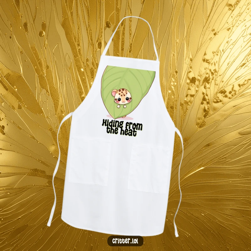 Funny shy spotted critter peeking from behind a leaf, wiggling, on a funny apron, adding shy humor to kitchen tasks.