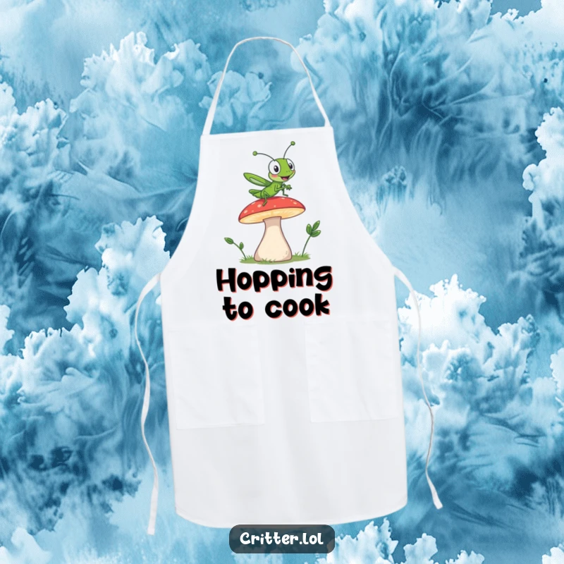 Funny apron with a grasshopper character jumping off a mushroom, adding humorous energy to cooking tasks.