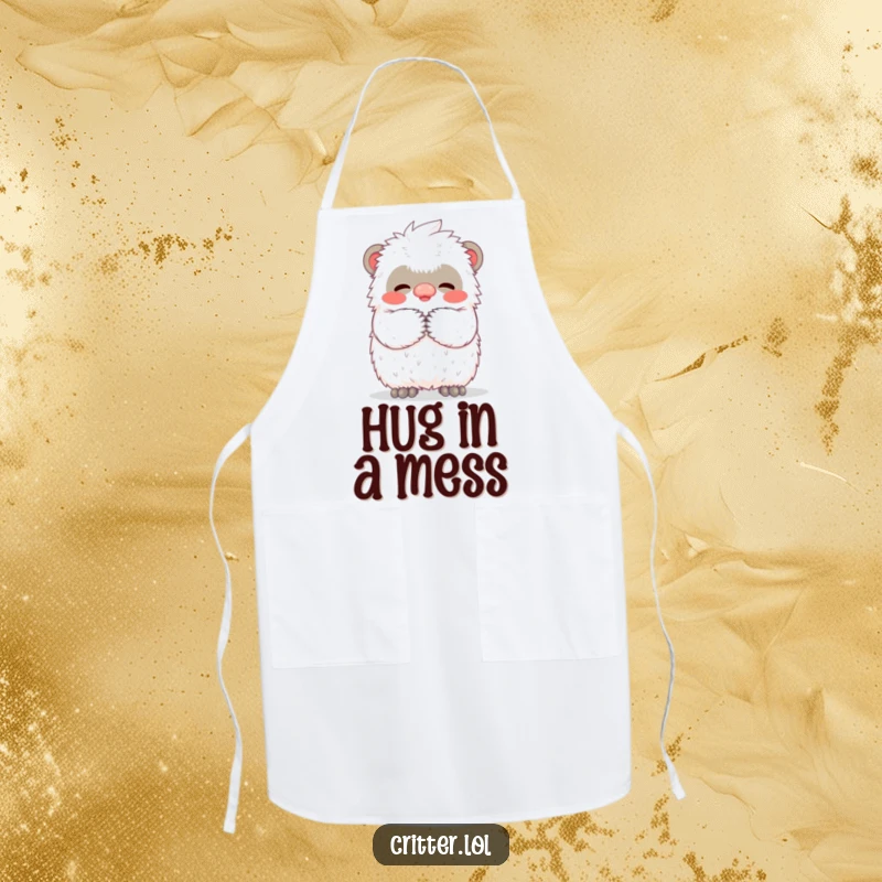 Funny apron designed with a miniature yeti character offering a big, warm, fuzzy hug, ideal for kitchen fun and protection.