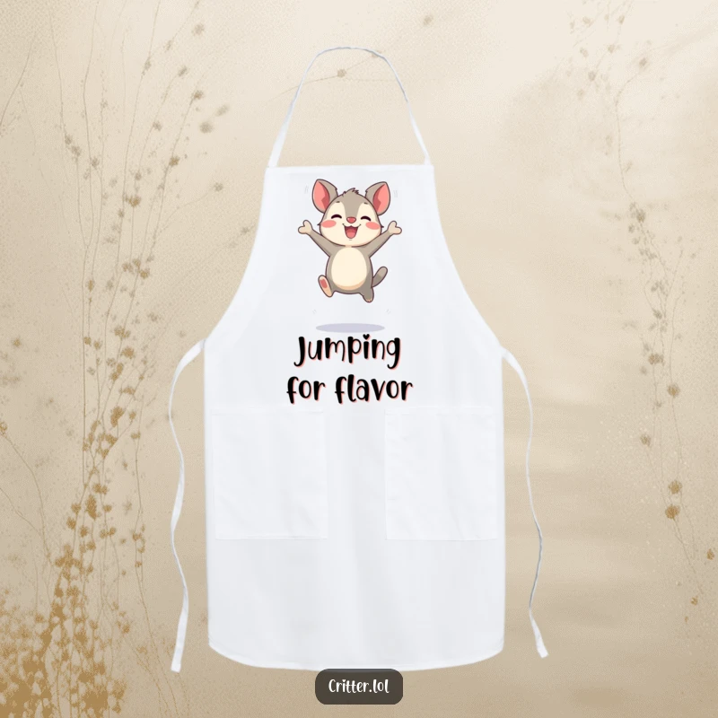 Funny bouncing critter character making exaggerated joyful leaps on a kitchen apron, adding cheerfulness and energy to cooking, a perfect gift.