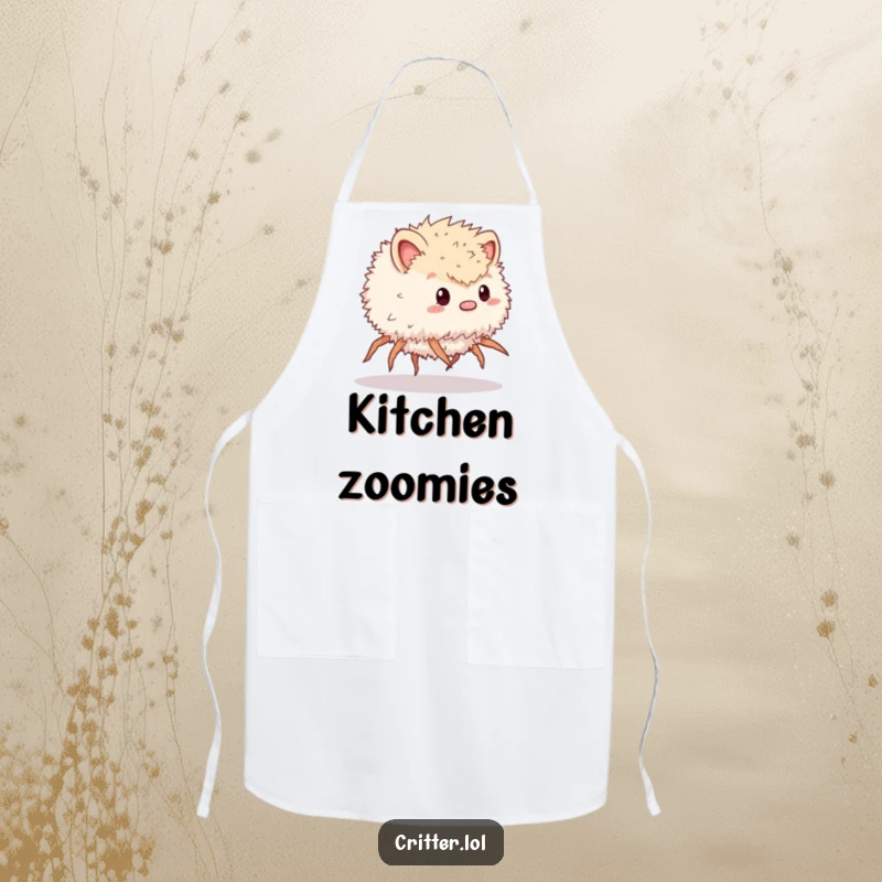 Funny apron adorned with a scurrying, fluffy critter with many legs, protecting your clothes with a side of kitchen comedy.