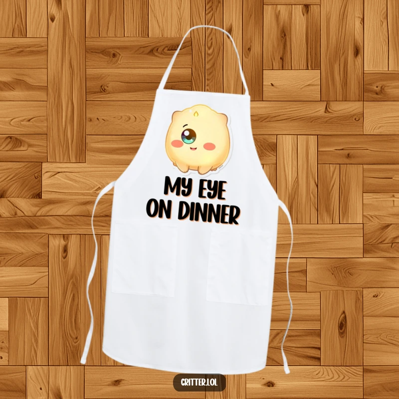 Funny cooking apron featuring a glowing creature with a single eye beaming happily, perfect for kitchen cheer.