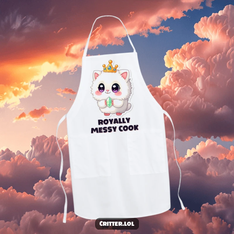 Funny apron showing a fuzzy creature wearing a crown and holding a gem, perfect for a whimsical cooking experience.