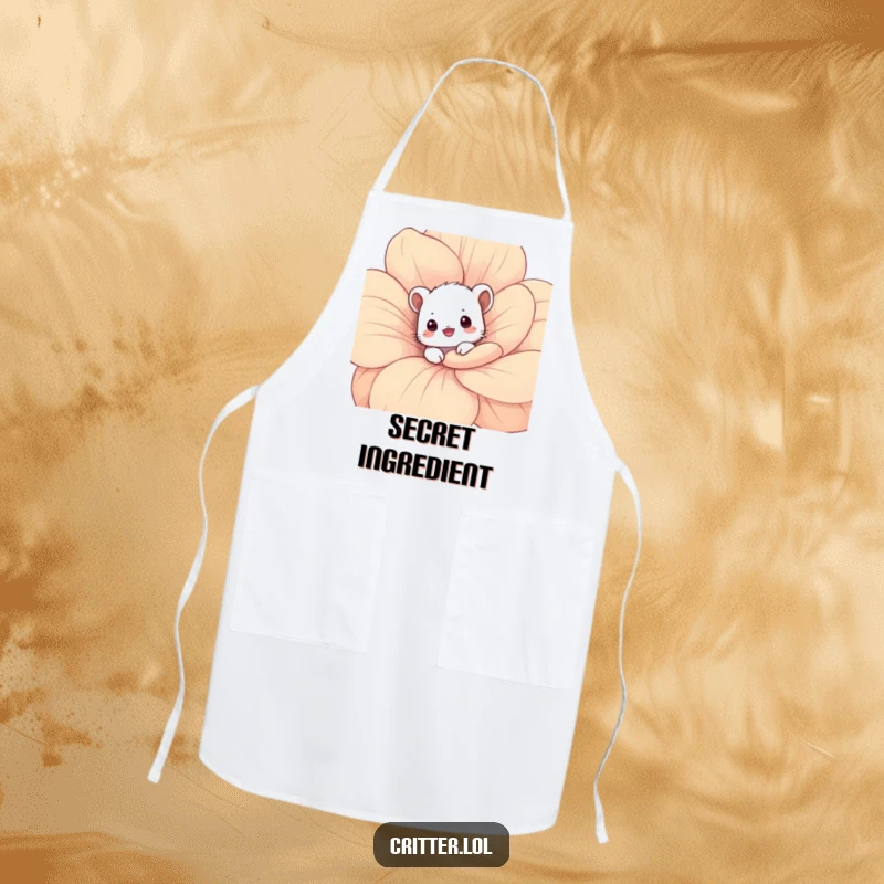 Funny critter apron showing a shy critter peeking from behind a flower petal, perfect for a cute cooking experience.