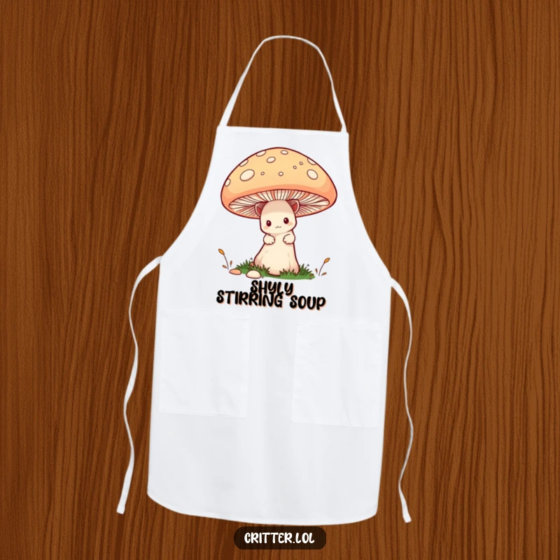 Funny Critter Apron: A bashful critter peeks out from behind a mushroom, adding a funny and charming touch to kitchen wear.