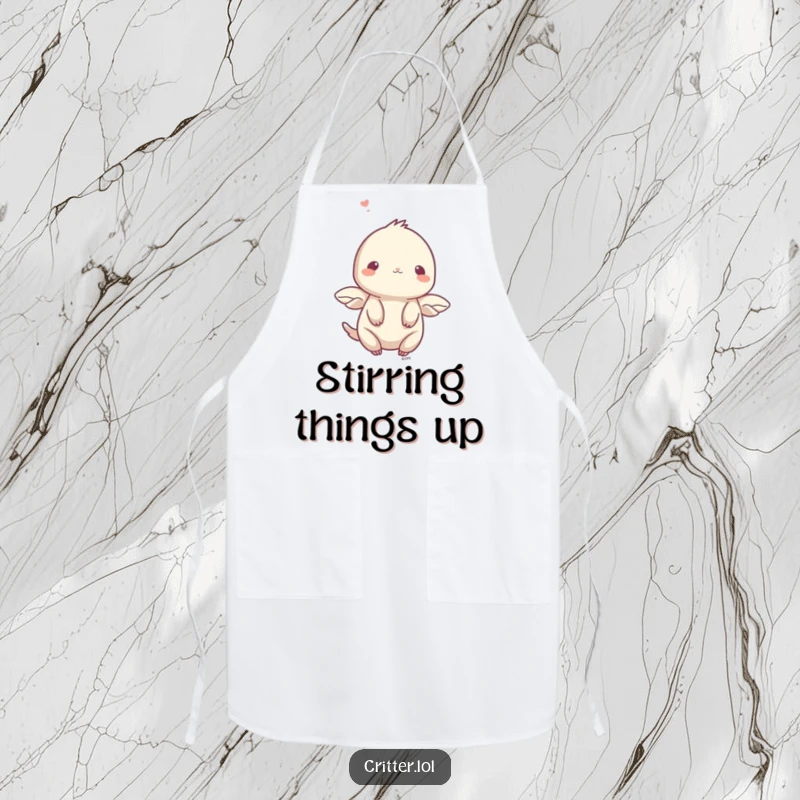 Funny apron with a shy creature and small wings fluttering upwards, a charming and funny kitchen gift.