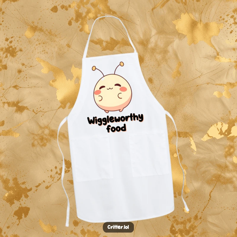 Funny apron showing a small, round creature with antennae wiggling excitedly, designed for kitchen fun and humorous vibes.