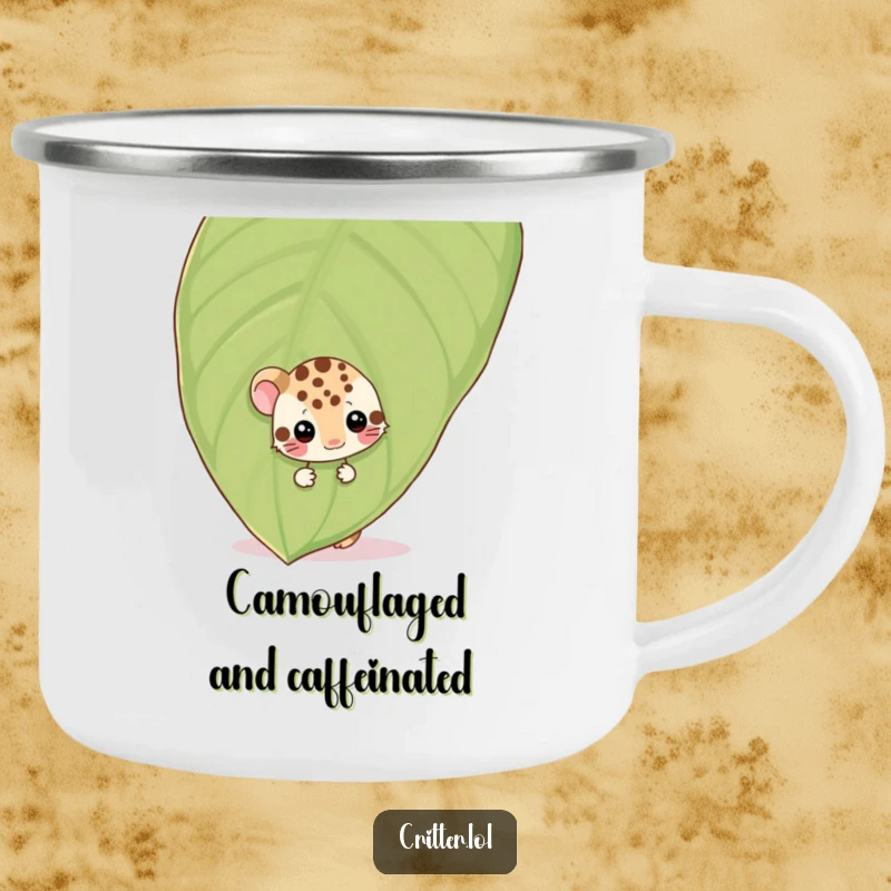 Funny shy spotted critter peeking from behind a leaf, wiggling, on a durable camping mug, for a touch of shy humor outdoors.