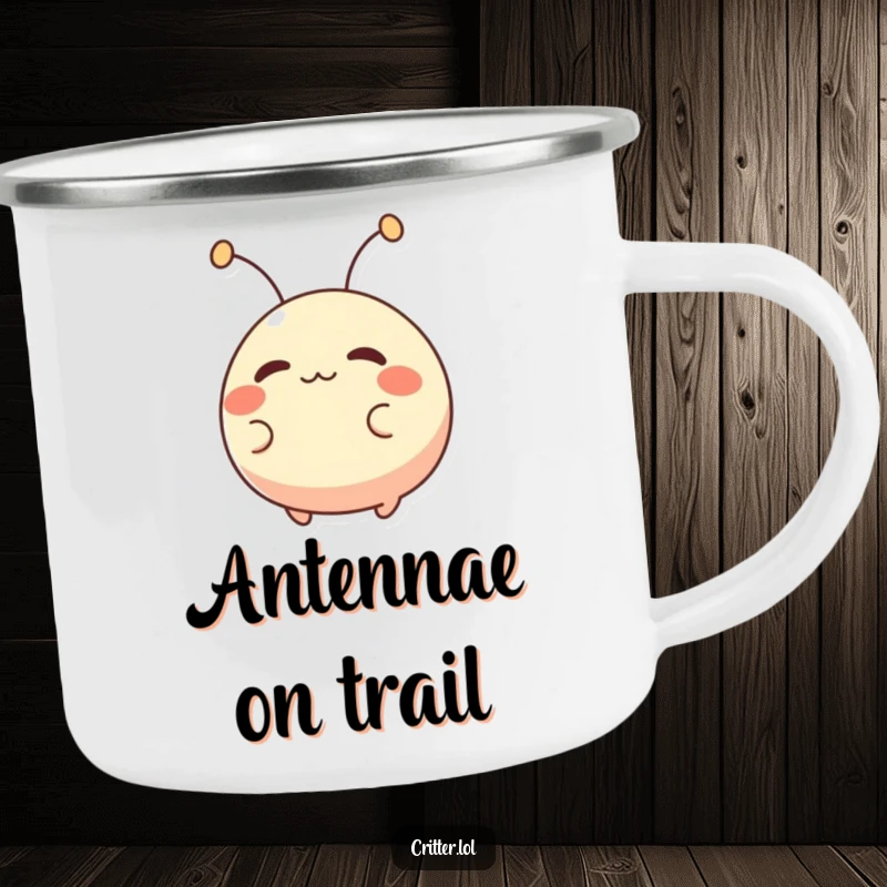Funny camping mug showing a small, round creature with antennae wiggling excitedly, perfect for outdoor fun and humor.