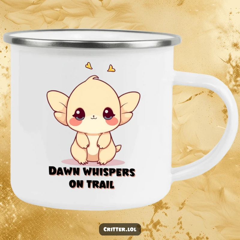 Funny camping mug featuring a shy creature with small wings fluttering upwards, ideal for peaceful outdoor enjoyment.