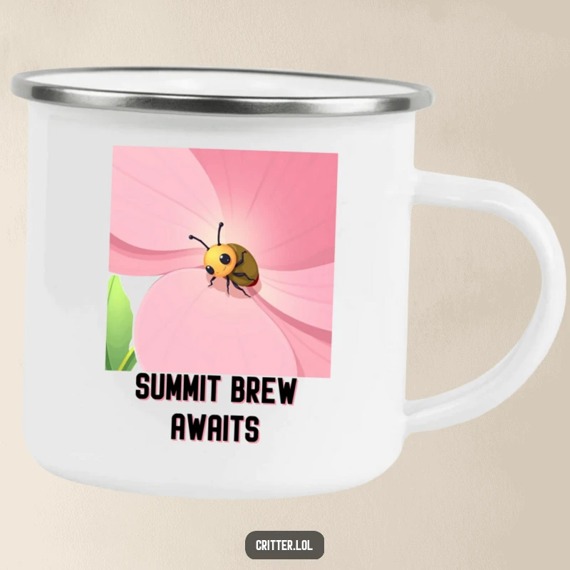 Funny camping mug featuring a beetle climbing a giant flower petal, perfect for outdoor adventures and humorous sips.