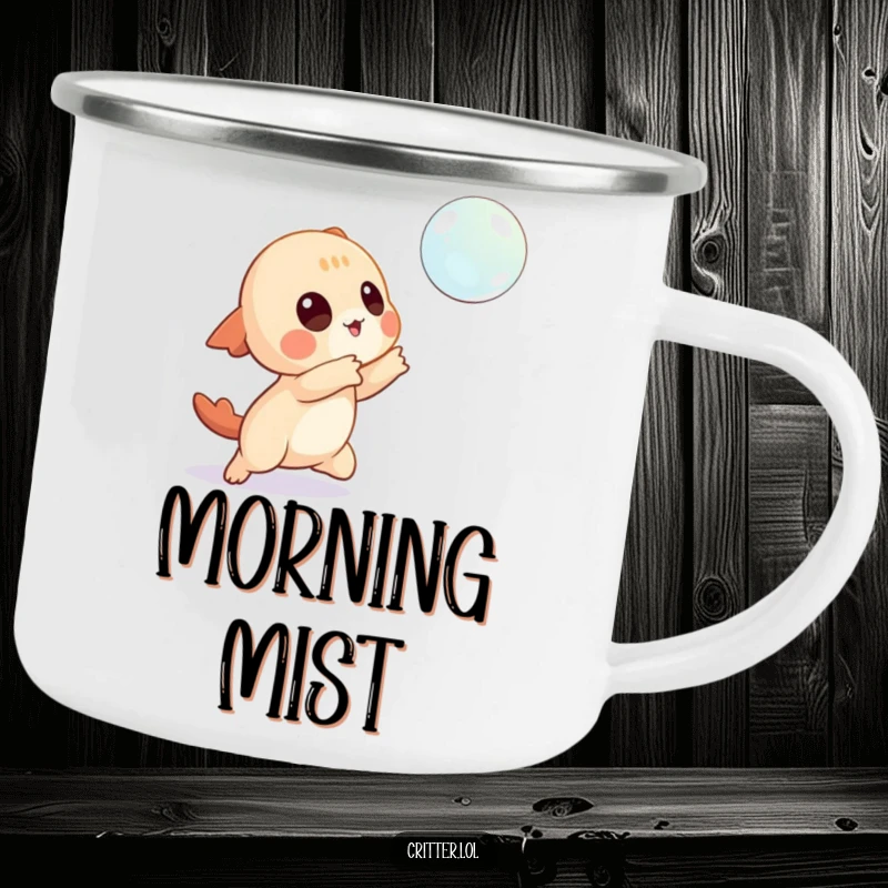 Funny camping mug showing a playful creature character attempting to catch a floating bubble, ready for adventure.