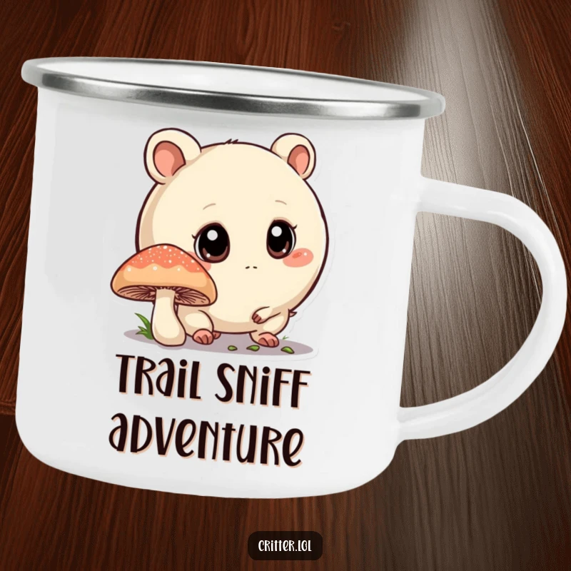 Funny camping mug with a curious critter sniffing a mushroom, perfect for outdoor beverages and adding woodland charm.