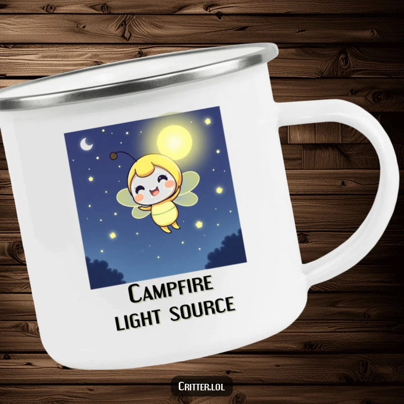Funny firefly camping mug showing a cheerful character glowing brightly, built for illuminating outdoor adventures.