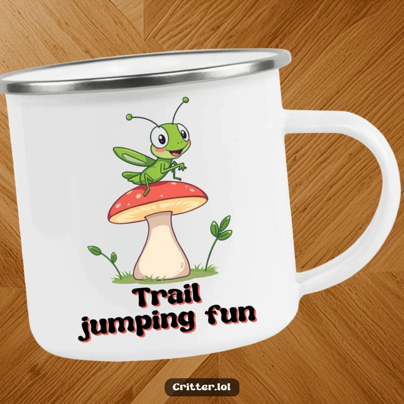 Funny camping mug featuring a grasshopper mid-jump off a mushroom, designed for humorous outdoor enjoyment and energy.