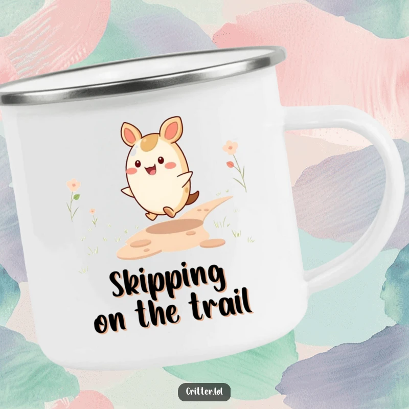 Funny Critter Camping Mug: A jubilant critter skips along a path, perfect for outdoor trips and a dose of funny cheer.