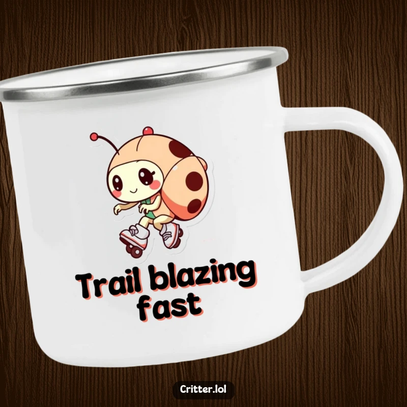Funny camping mug featuring a ladybug character on roller skates, designed for humorous and speedy outdoor enjoyment.