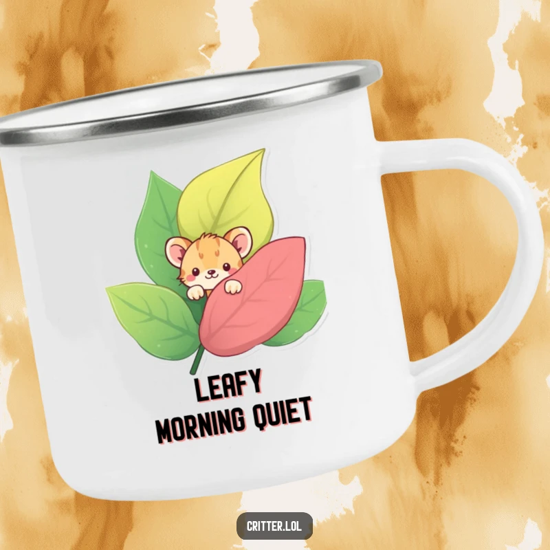 Funny camping mug with a shy critter peeking from behind a leaf, perfect for serene outdoor moments.