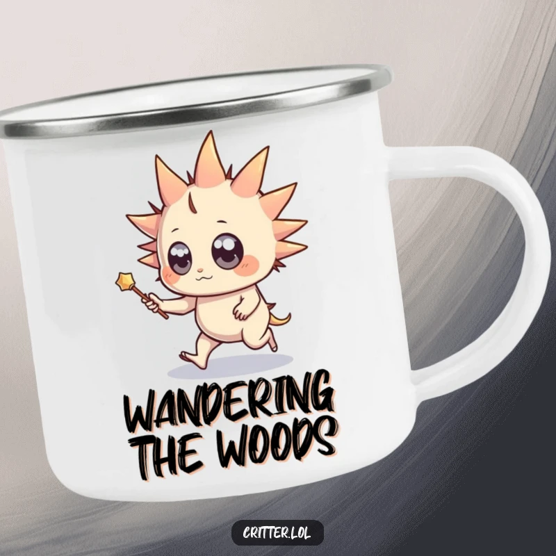 Funny camping mug showing a spiky creature with a wand and skipping, designed for outdoor adventures and sprinkling magic.