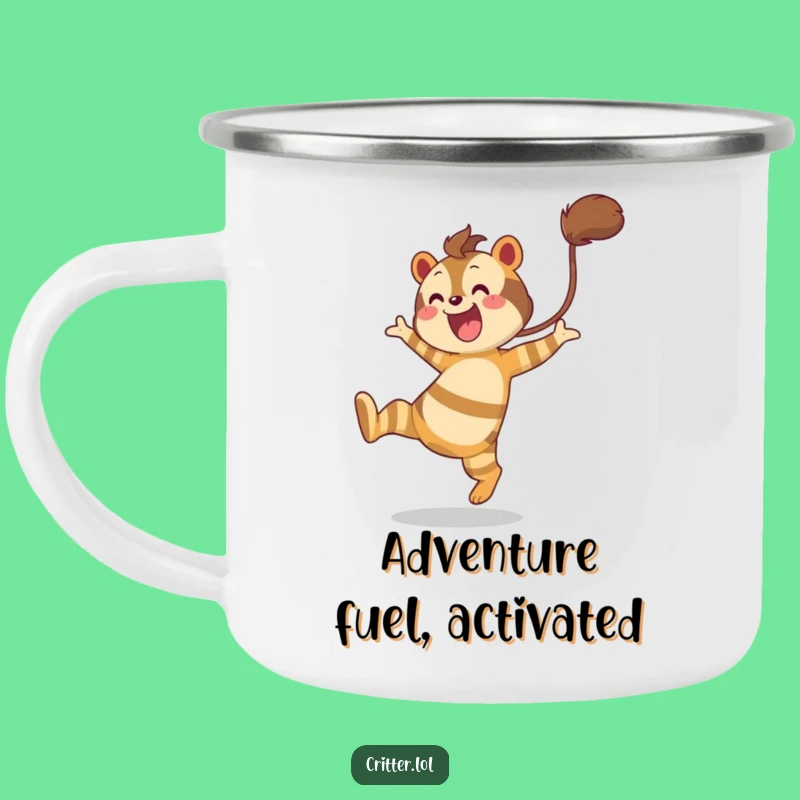 Funny Striped Creature Camping Mug: Adventure Awaits with a Leap!