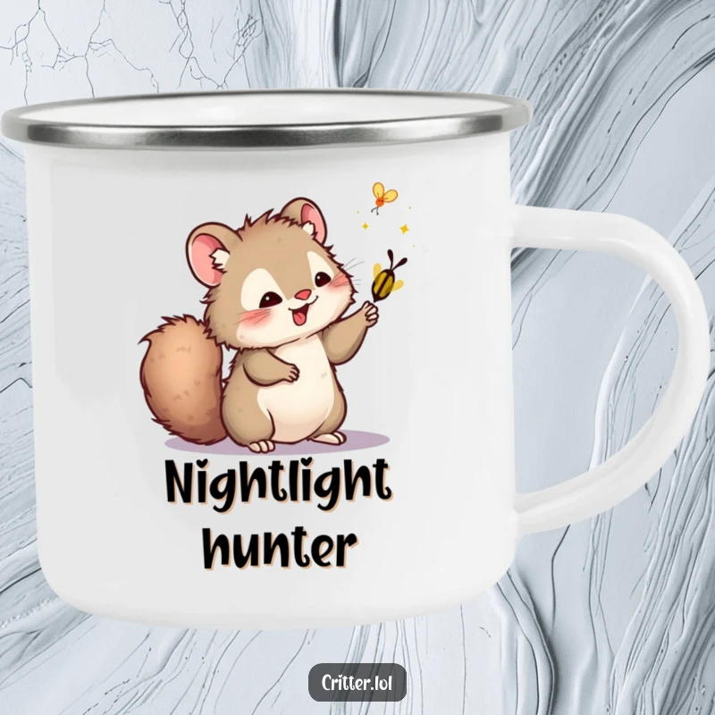 Funny camping mug with a furry critter swatting a firefly, perfect for outdoor drinks and adding woodland charm.