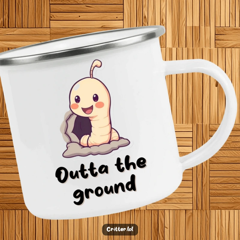 Funny camping mug featuring a worm peeking out of a hole, designed for humorous outdoor enjoyment and hot beverages.