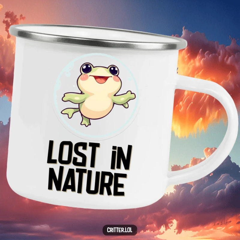 Funny camping mug featuring a tadpole swimming in a circle, designed for humorous outdoor enjoyment and aquatic fun.