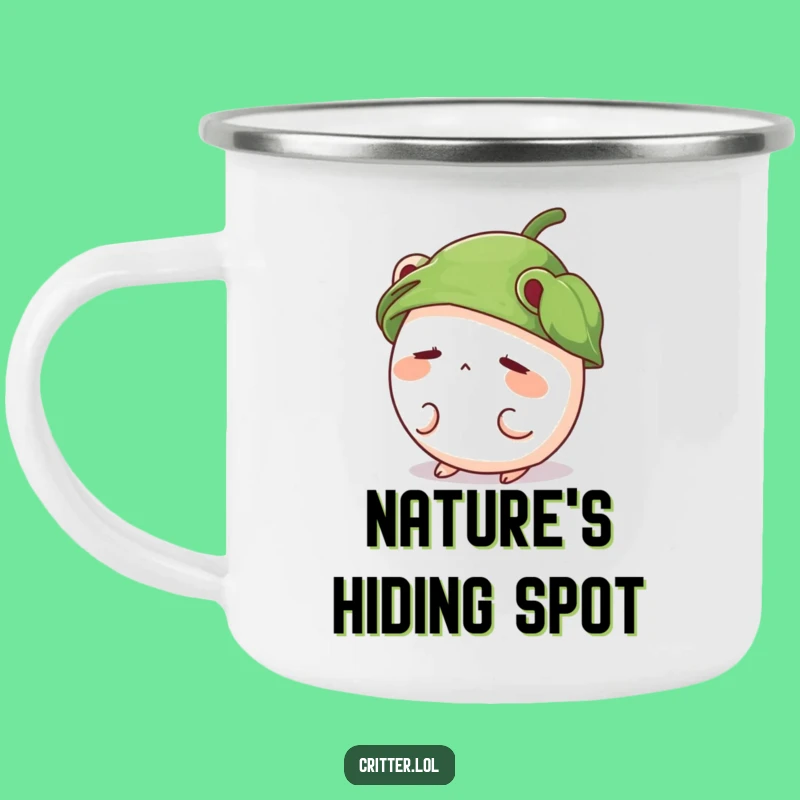 Funny Shy Critter Camping Mug, Cute Leaf Hat Enamel Cup, Adorable Gift
