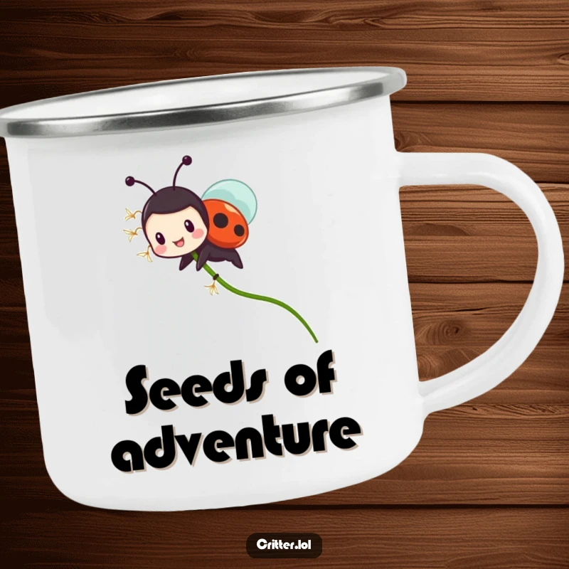 Funny ladybug camping mug with a tiny, gleeful character riding a flying dandelion seed, perfect for outdoor adventures and humorous sipping.