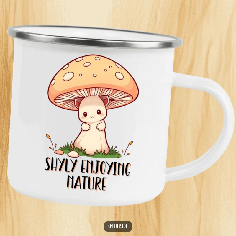 Funny Critter Camping Mug: A timid critter peeks from behind a mushroom, perfect for outdoor adventures and a dose of funny charm.