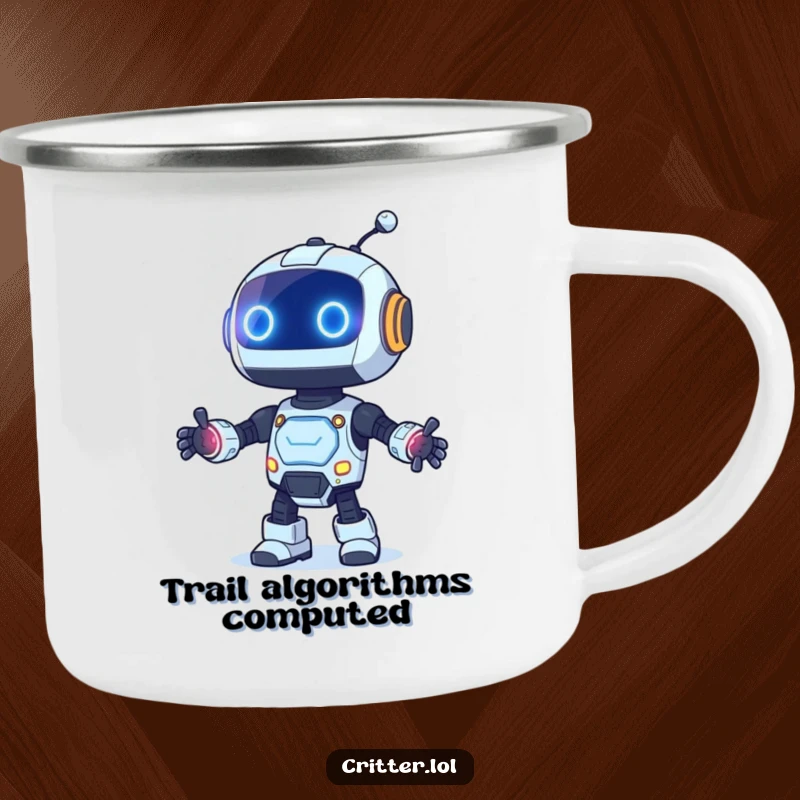 Funny camping mug with a curious robot dancing and its lights blinking, perfect for enjoying the outdoors with techy flair.
