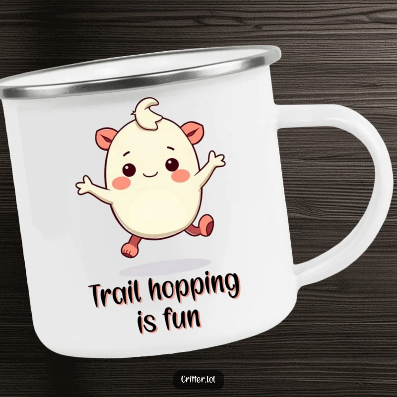 Funny camping mug featuring a bouncy creature with rubbery legs hopping with amusement, designed for outdoor fun.